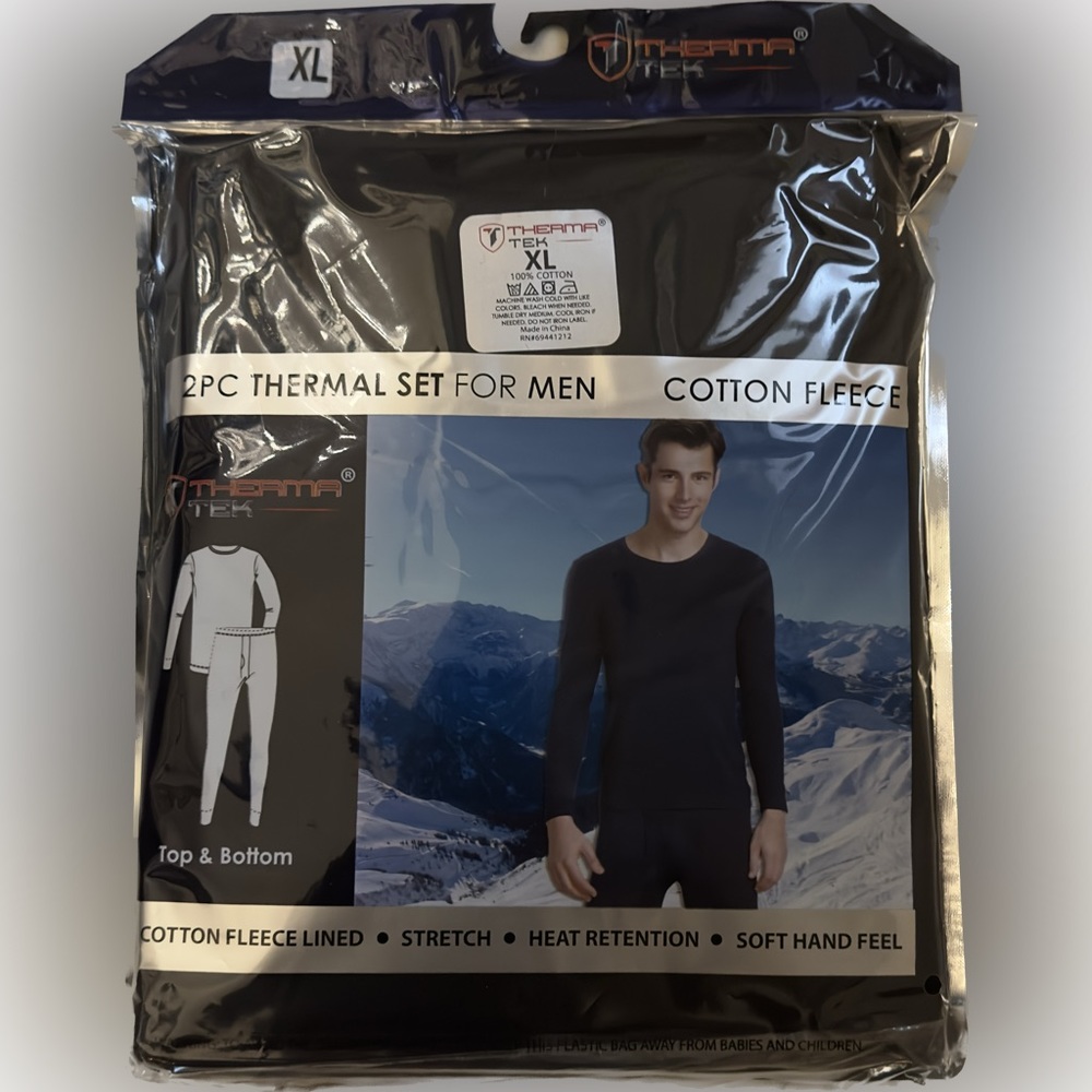 Thermal Underwear Black 2-Pc Set Cotton Fleece